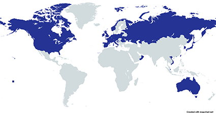 Map showing countries to which SHMYTOV products have been shipped
